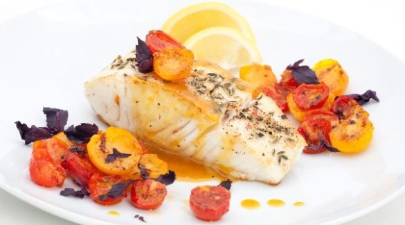 Pan Seared Halibut with Roasted Heirloom Tomatoes recipe | Island Real Estate